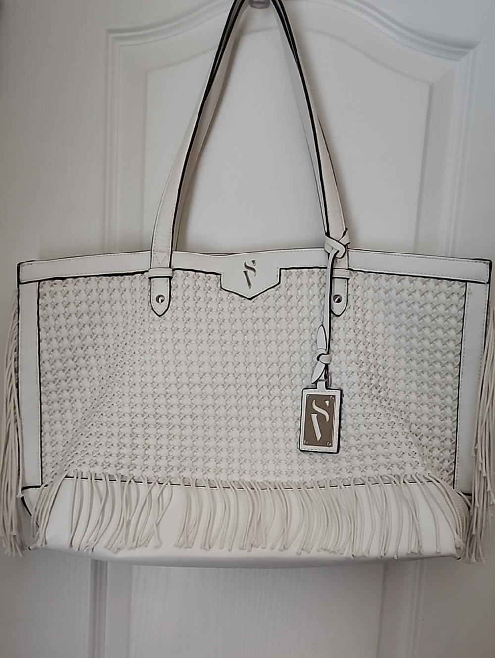 Simply Vera Vera Wang White Woven Fringe Tote